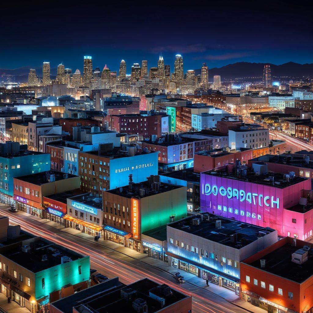 An artistic representation of a vibrant urban skyline in the Dogpatch community, featuring neon lights and modern adult entertainment venues. Include diverse characters engaging in activities that show the evolving culture, with a focus on innovation and creativity. Incorporate futuristic elements and subtle hints of technology in the architecture. surrealism. vibrant colors. night scene.