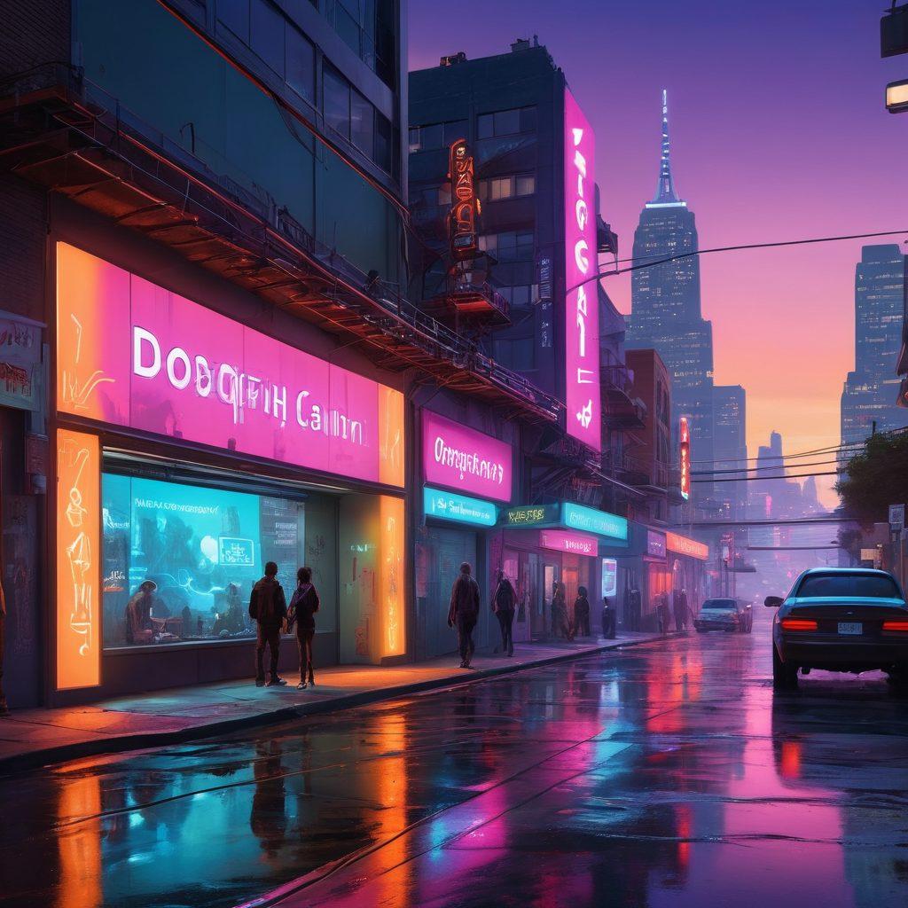 A futuristic view of Dogpatch featuring innovative adult media technology, with neon signs and high-tech devices intertwined with urban art. Include diverse individuals engaged in creative expressions and discussions, surrounded by vibrant street art that symbolizes liberation and creativity. The skyline should reflect modern architecture blended with artistic elements. super-realistic. vibrant colors. cyberpunk.